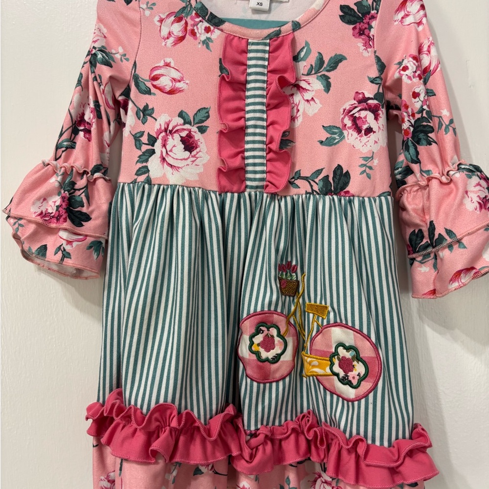 Marie Nicole Floral Pink and Green Striped Kids Dress - Picture 2 of 5